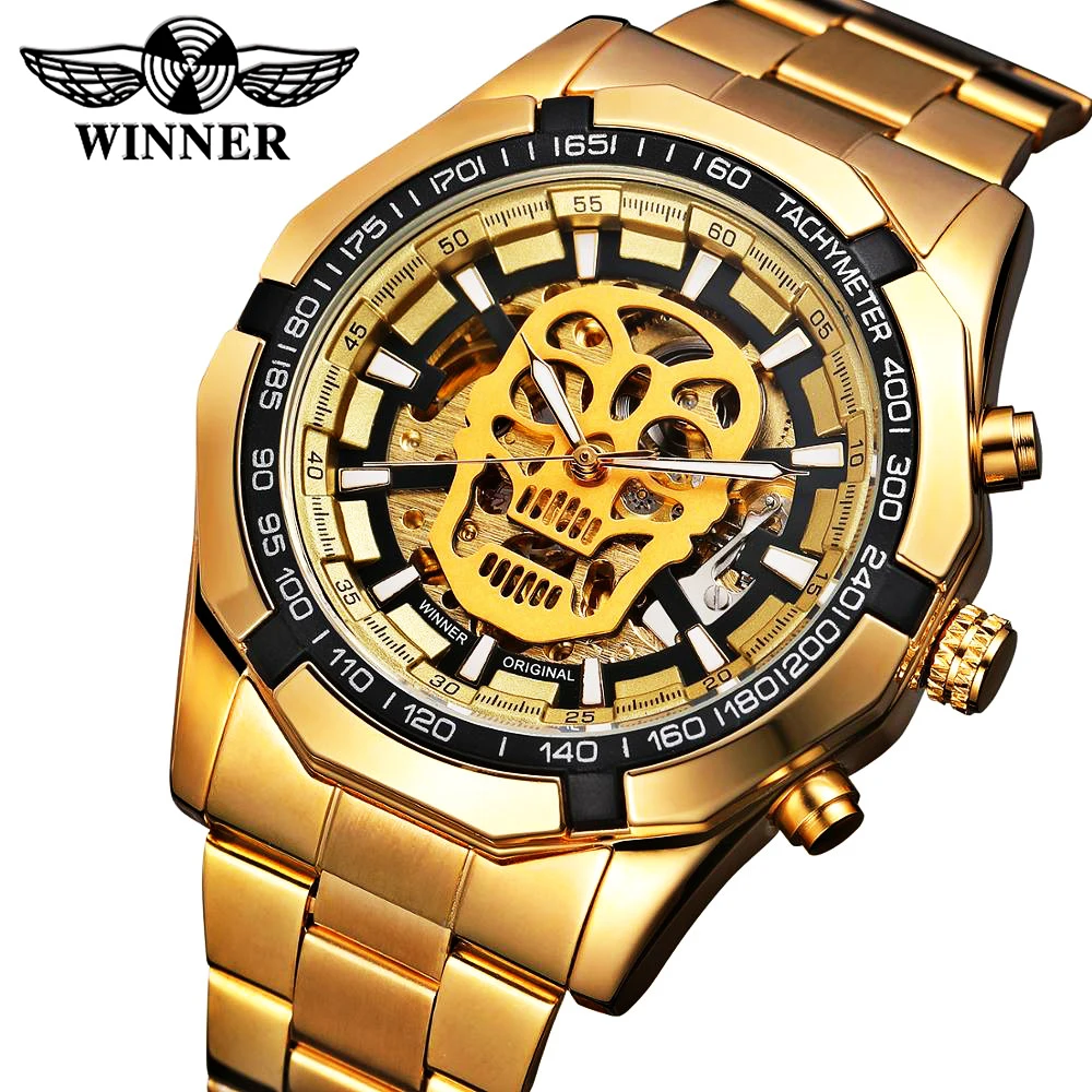 WINNER New Fashion Mechanical Watches Men Skull Dial Top Brand Luxury Golden Stainless Steel Strap Skeleton Man Auto Wrist Watch
WINNER New Fashion Mechanical Watches Men Skull Dial Top Brand Luxury Golden Stainless Steel Strap Skeleton Man Auto Wrist Watch