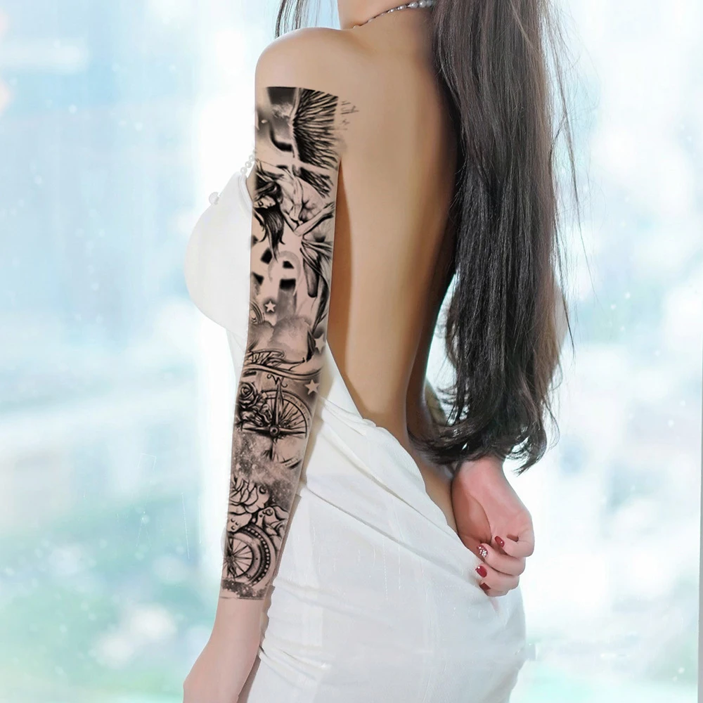 Large Arm Sleeve Tattoo Waterproof Temporary Sticker Roman Beast Rose Full Flower Tatoo Body Art Girl | Красота и здоровье