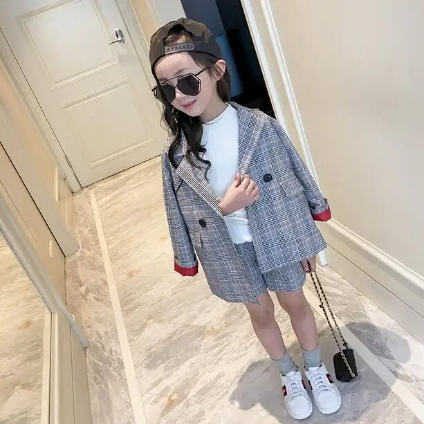 Girls Plaid Suit 2018 Spring Summer Children's Garments Fashion Clothes Sets Male Kids Casual Jacket + Shorts 2 Pcs DF95 | Мать и