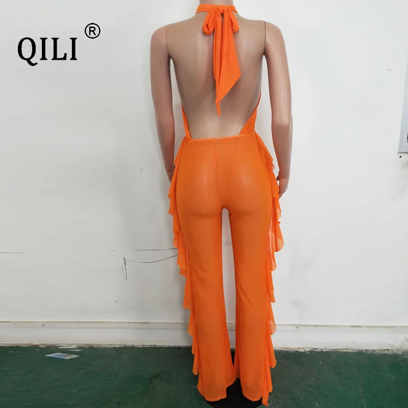 QILI Sexy Open Chest Backless Mesh Jumpsuits Women Sleeveless Ruffles Wide Leg Long Pants Orange Jumpsuit Party Night Club Wear
QILI Sexy Open Chest Backless Mesh Jumpsuits Women Sleeveless Ruffles Wide Leg Long Pants Orange Jumpsuit Party Night Club Wear