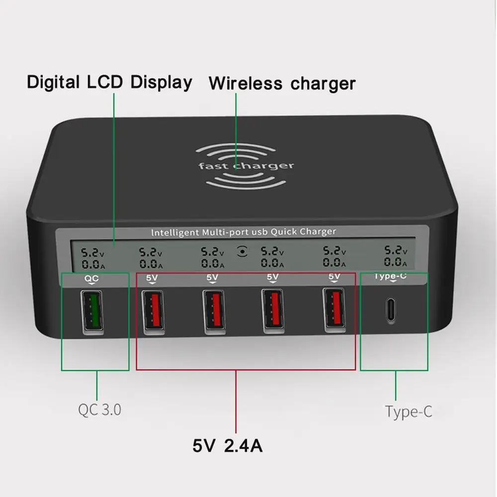 Universal 7-in-1 Type C Qi Wireless Charger 5x USB QC 3.0 Fast Charge With LCD Voltage Current Display For iphone Samsung Mobile
Universal 7-in-1 Type C Qi Wireless Charger 5x USB QC 3.0 Fast Charge With LCD Voltage Current Display For iphone Samsung Mobile