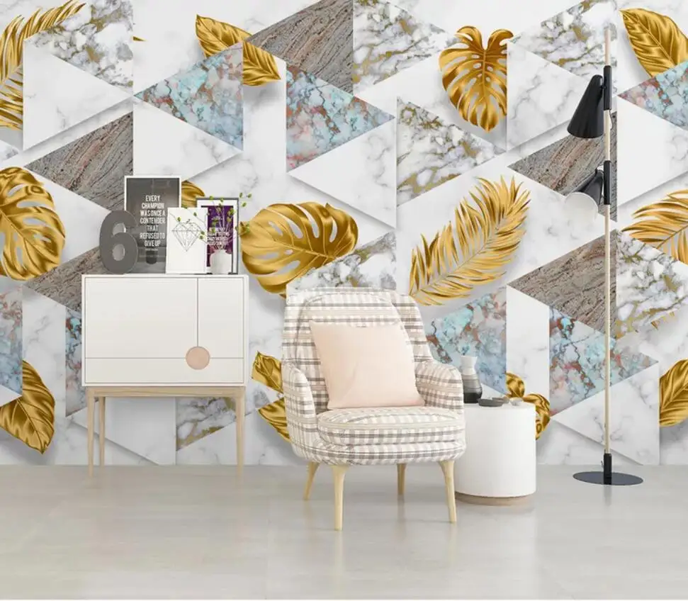 Contemporary and contracted boreal Europe is tropical plant aureate leaf geometrical TV setting wall decorates wallpaper mural |