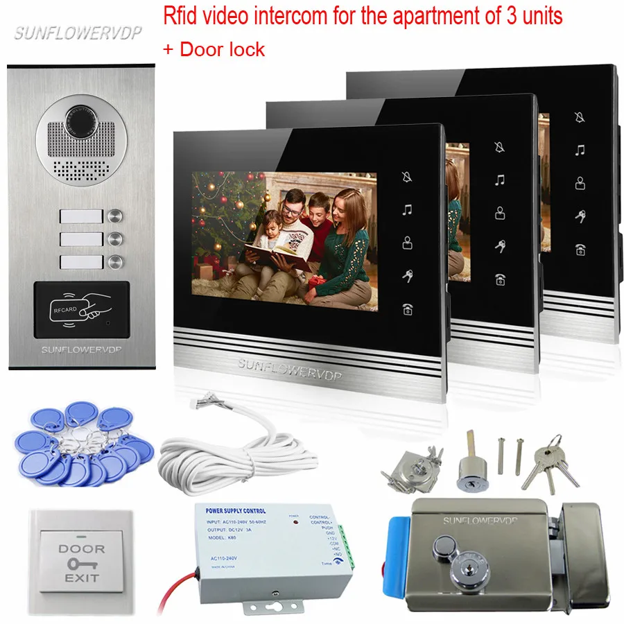 Rfid 3 Call Keys Intercom Video 7" Color Video Doorphones Home Phone For 3 Apartments Intercom System Kit With Electronic Lock
Rfid 3 Call Keys Intercom Video 7" Color Video Doorphones Home Phone For 3 Apartments Intercom System Kit With Electronic Lock