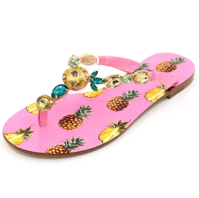 

Carpaton Newest Pineapple Printed Flat Shoes Woman Summer Crystal Embellished Slippers Sexy Beach Wearing Flat Slides Pink White