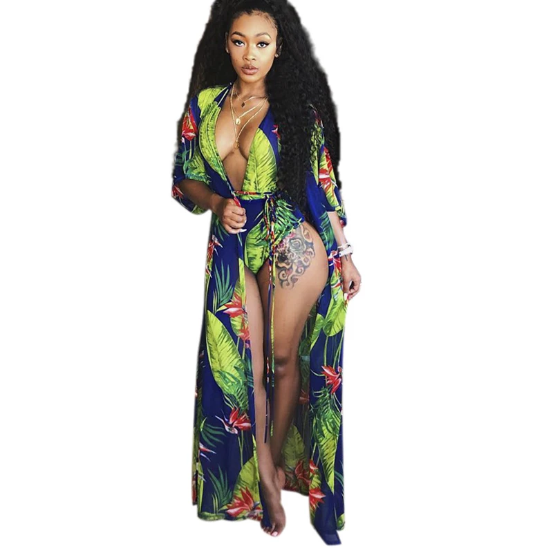 IASKY 2018 New Print floral One Piece Swimsuit +cover ups set sexy Women Bandage swimwear Bathing Suit cover up 2pcs/set | Спорт и