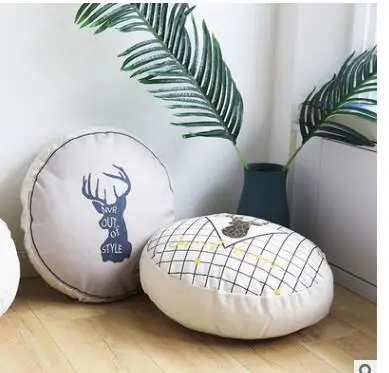 

cotton linen Nordic grey deer grid pattern round pillowcase case for futon office lumbar pillow cover back cushion cover indoor