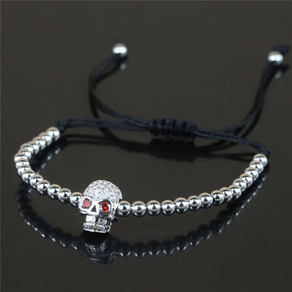 2017 New Desigh Men Bracelets Gold Color Round Copper Beads with Micro Zircon Pave Skull Bracelet Macrame Gift | Украшения и