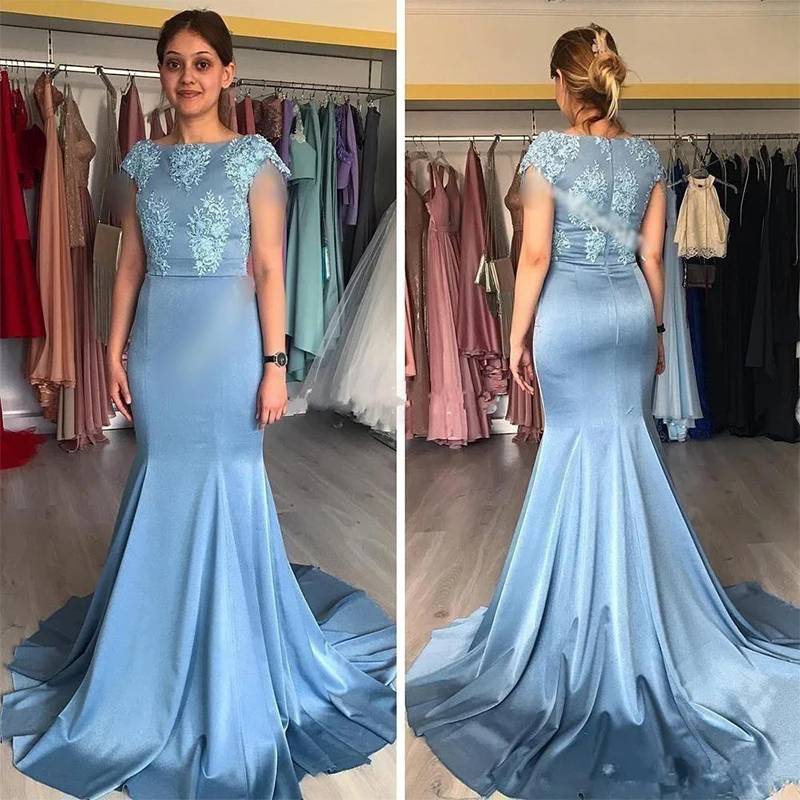 Dusty blue Mermaid Long Prom Dresses Cap Sleeve Sweep Train Appliques Women Evening Dresses Prom Party Gowns
Dusty blue Mermaid Long Prom Dresses Cap Sleeve Sweep Train Appliques Women Evening Dresses Prom Party Gowns