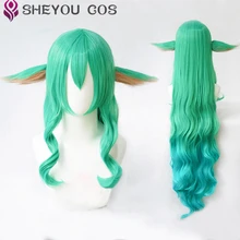 43 110cm Long Green Blue Cosplay Wig LOL Cosplay Star Guardian Soraka Heat Resistant Synthetic Hair Wig   Clips Ears   Wig Cap
