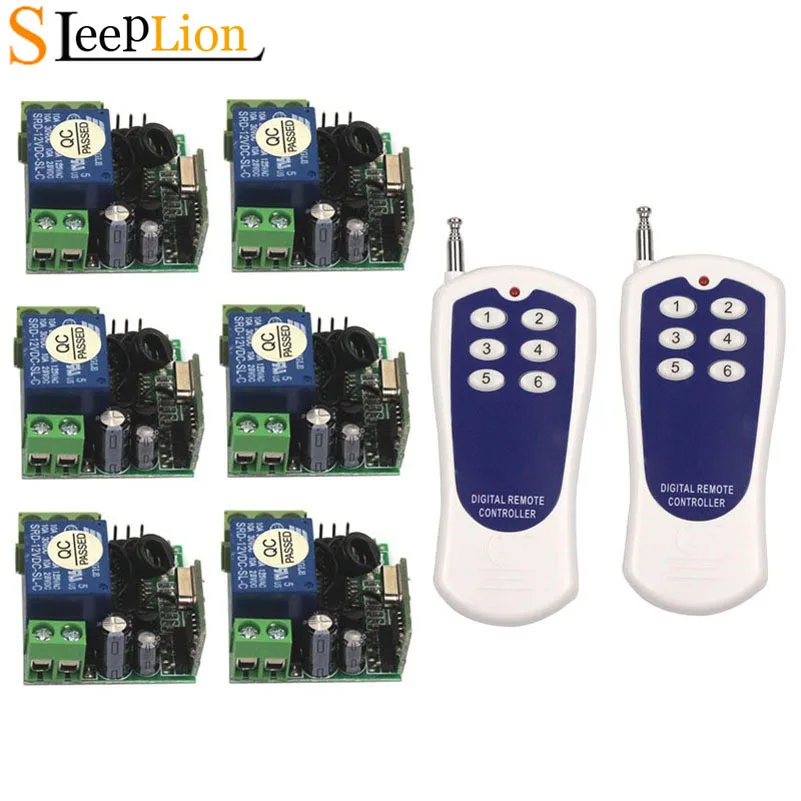 

Sleeplion Mini DC 12V 10A 1CH Relay 2 6-key wireless Switch ON/OFF Transmitter+6 Receiver 12V Relay Switch Module 315MHz 433MHz