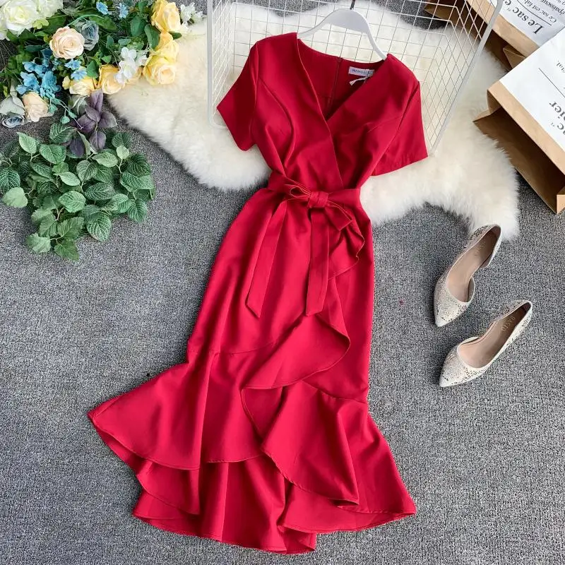 2019 Summer Ladies Ruffled Short-sleeved Wrap Dress V-neck High Waist Solid Graceful Women Sashes Vestidos
2019 Summer Ladies Ruffled Short-sleeved Wrap Dress V-neck High Waist Solid Graceful Women Sashes Vestidos