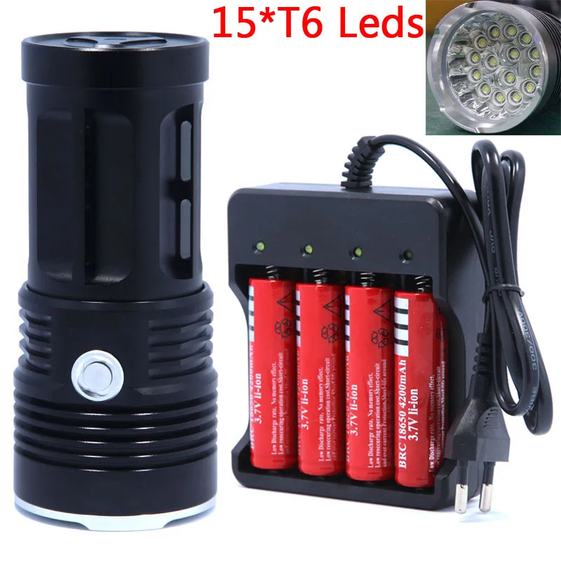 15T6 LED Super High Power Flashlight T6 flashlights waterproof rechargeable Torch Camp Lamp Light Hunting use 4*18650 Battery
15T6 LED Super High Power Flashlight T6 flashlights waterproof rechargeable Torch Camp Lamp Light Hunting use 4*18650 Battery