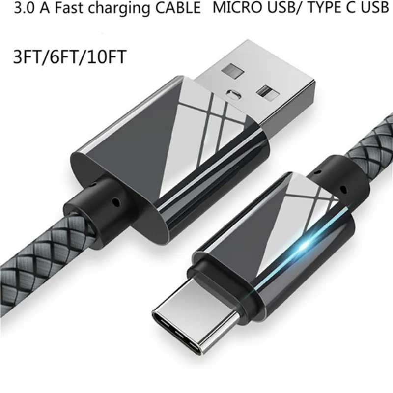Многоцветный 3-метровый кабель быстрой зарядки USB Type C мобильный телефон провод