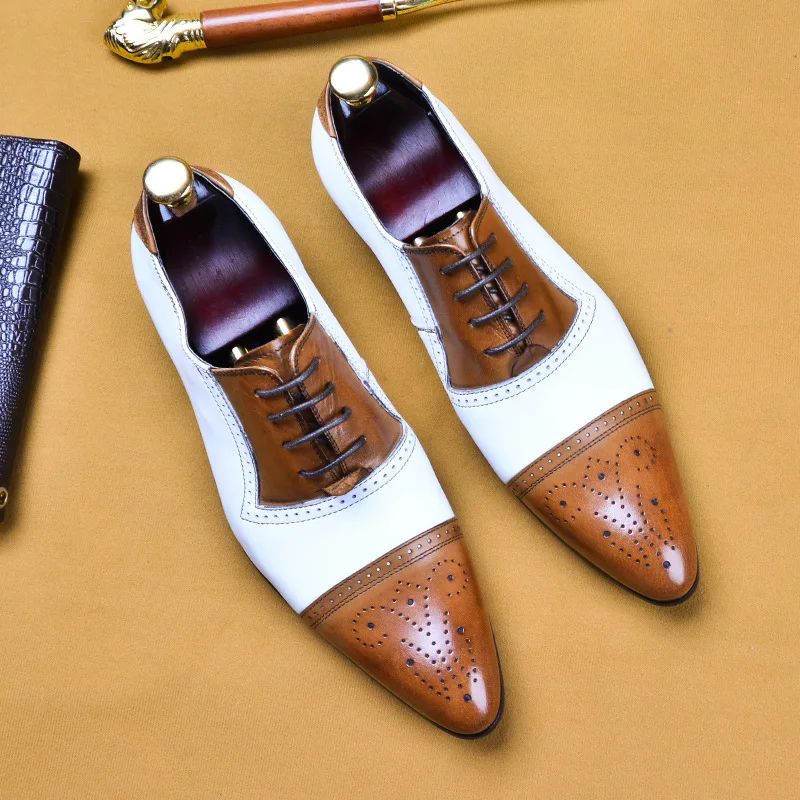 Мужские модельные туфли-оксфорды белого и коричневого цвета в стиле пэчворк
