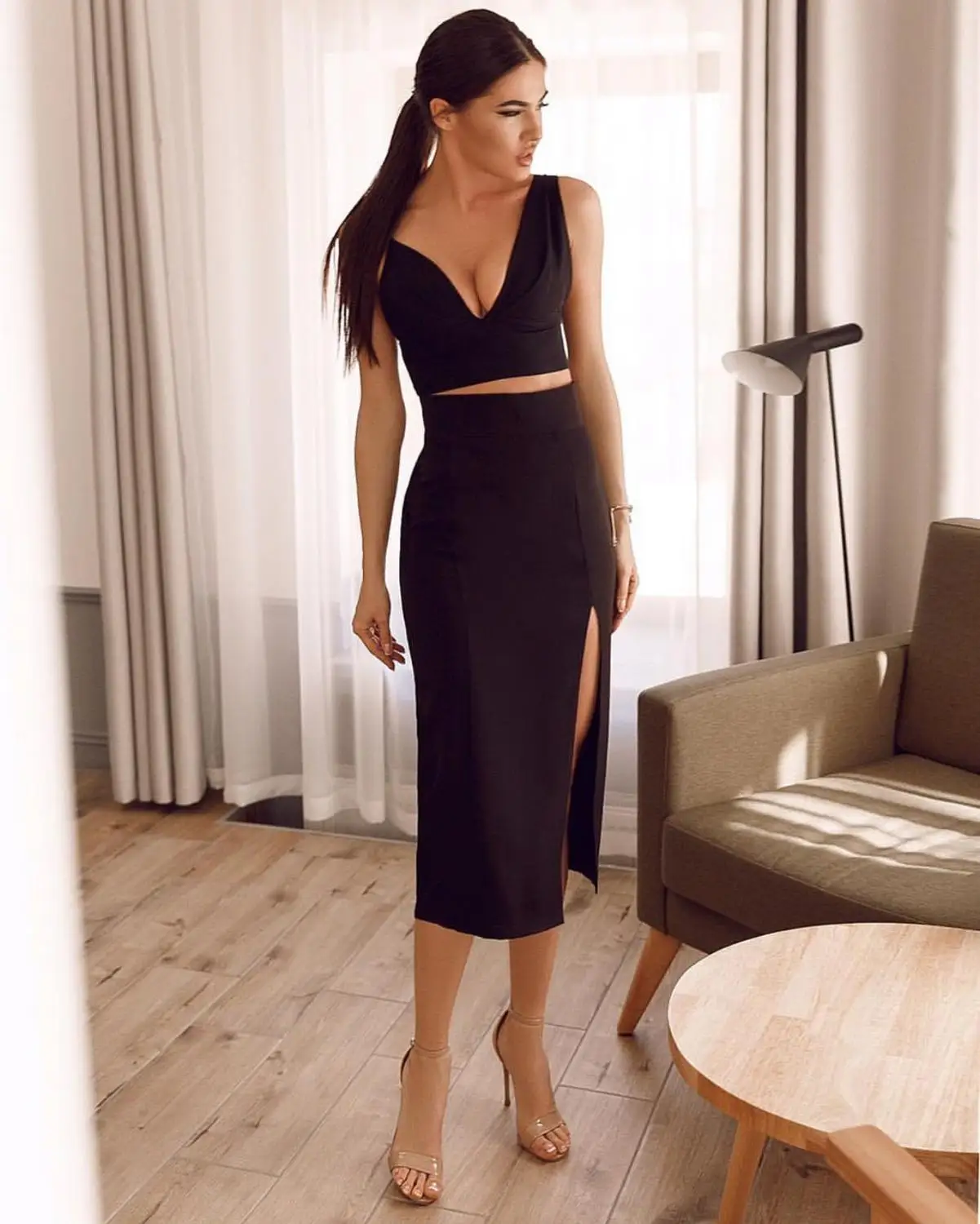 Summer Sexy 2 Piece Set Black Bandage Dress New Arrival Solid Women Deep V-Neck Party Suits | Женская одежда