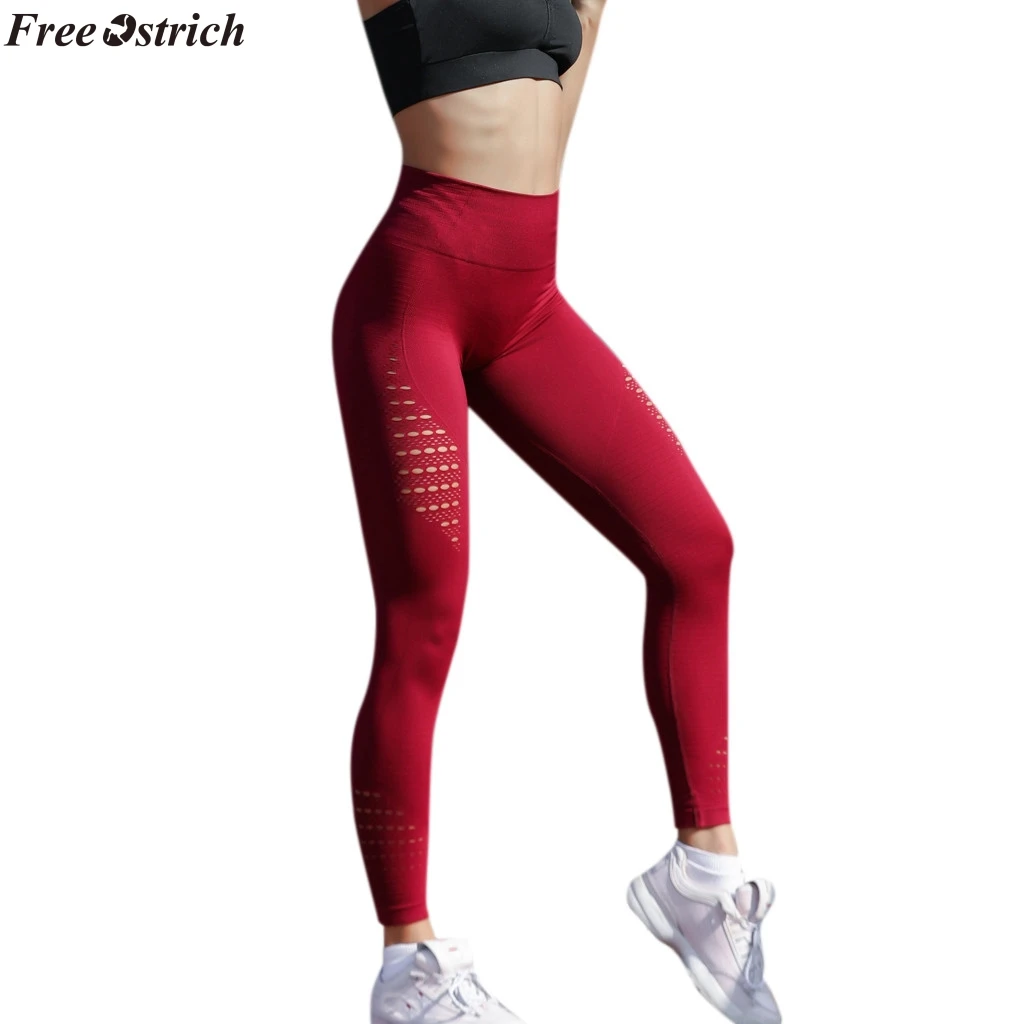 FREE OSTRICH women fashion solid color hole hollow high waist slim leggings pants up elastic fitness plus size | Женская одежда