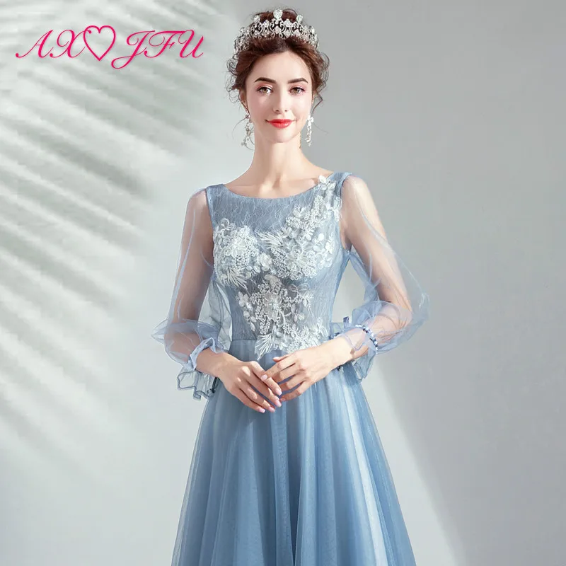AXJFU princess white flower blue lace evening dress luxury vintage bride o neck ruffles party beading crystal evening dress 5117
AXJFU princess white flower blue lace evening dress luxury vintage bride o neck ruffles party beading crystal evening dress 5117