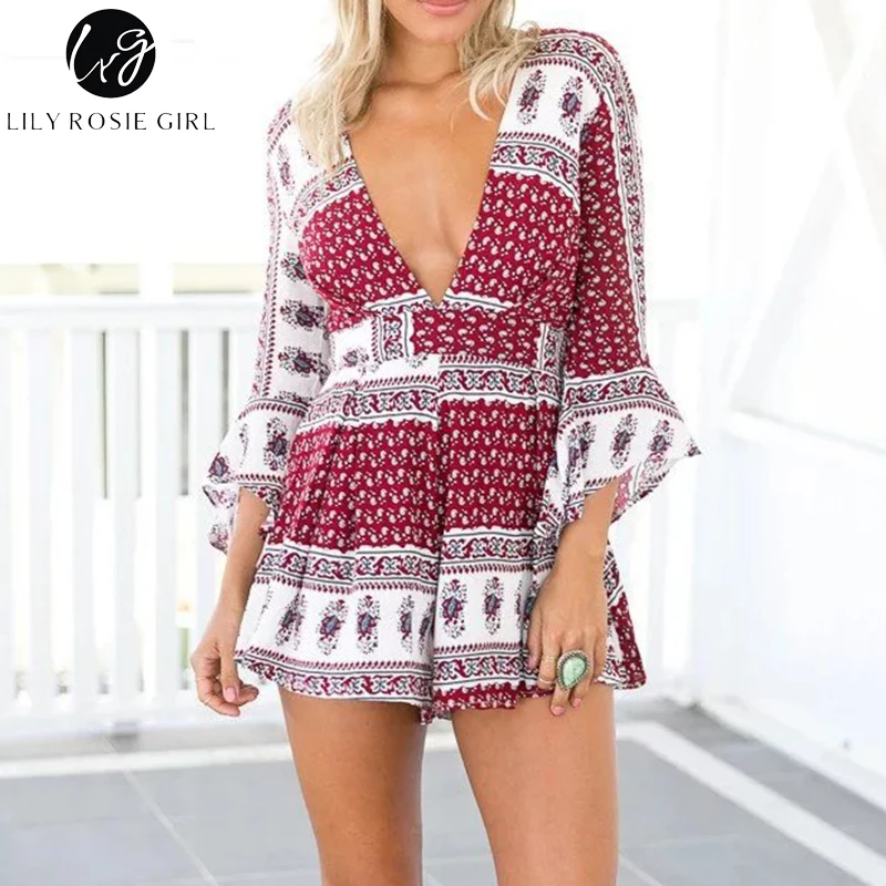 Lily Rosie девушка красный Boho Цветочные Костюмы для игры с принтом Женщины Глубокий V