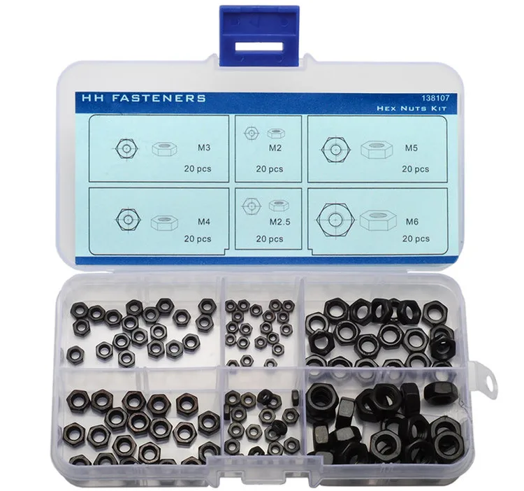 120 шт. шестигранные гайки M2 M2.5 M3 M4 M5 M6 набор в ассортименте черный оксид с