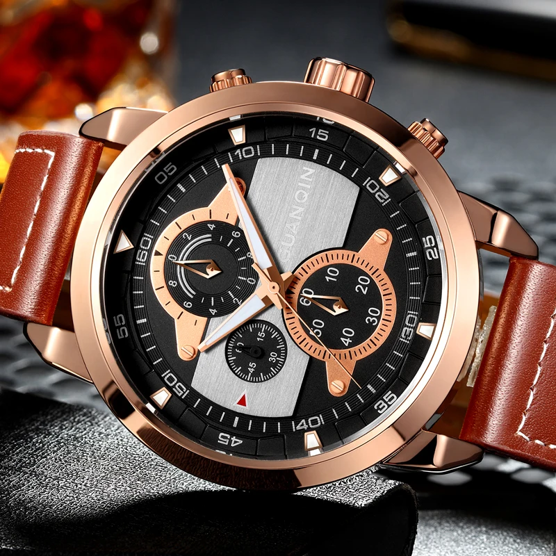 

GUANQIN Mens Watches Top Brand Luxury Chronograph Creative Quartz Watch Men Military Sport Leather Wristwatch relogio masculino