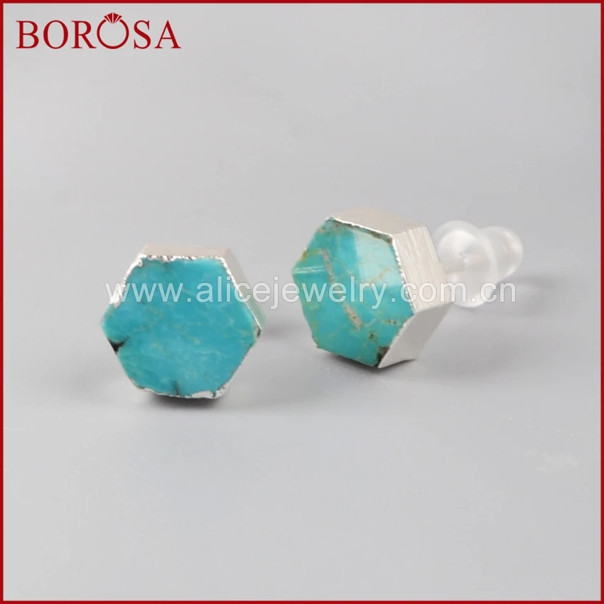 Серьги пусеты BOROSA из чистого серебра с шестиугольным синим натуральным камнем
