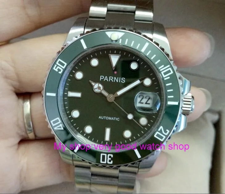 40mm PARNIS Sapphire Crystal Automatic machinery movement men's watch green rotateing Ceramic bezel 302a
40mm PARNIS Sapphire Crystal Automatic machinery movement men's watch green rotateing Ceramic bezel 302a