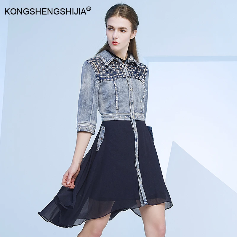 2020 Vintage Beading chiffon patchwork denim dress Runway designer clothes spring new fashion half sleeve one piece dresses 8574
2020 Vintage Beading chiffon patchwork denim dress Runway designer clothes spring new fashion half sleeve one piece dresses 8574
