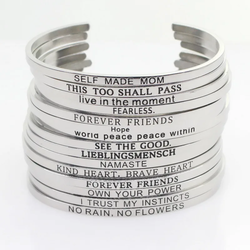 Drop Shipping Stainless Steel Bangle Engraved Positive Inspirational Quote Hand Stamped Cuff Mantra Bracelets For Men Women
Drop Shipping Stainless Steel Bangle Engraved Positive Inspirational Quote Hand Stamped Cuff Mantra Bracelets For Men Women