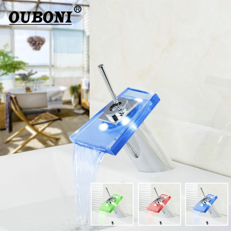 

LED Glass Waterfall Bathroom Basin Faucet Single Handle Wash Basin Mixer Tap Chrome Polished Bathroom Faucets Mixers & Taps