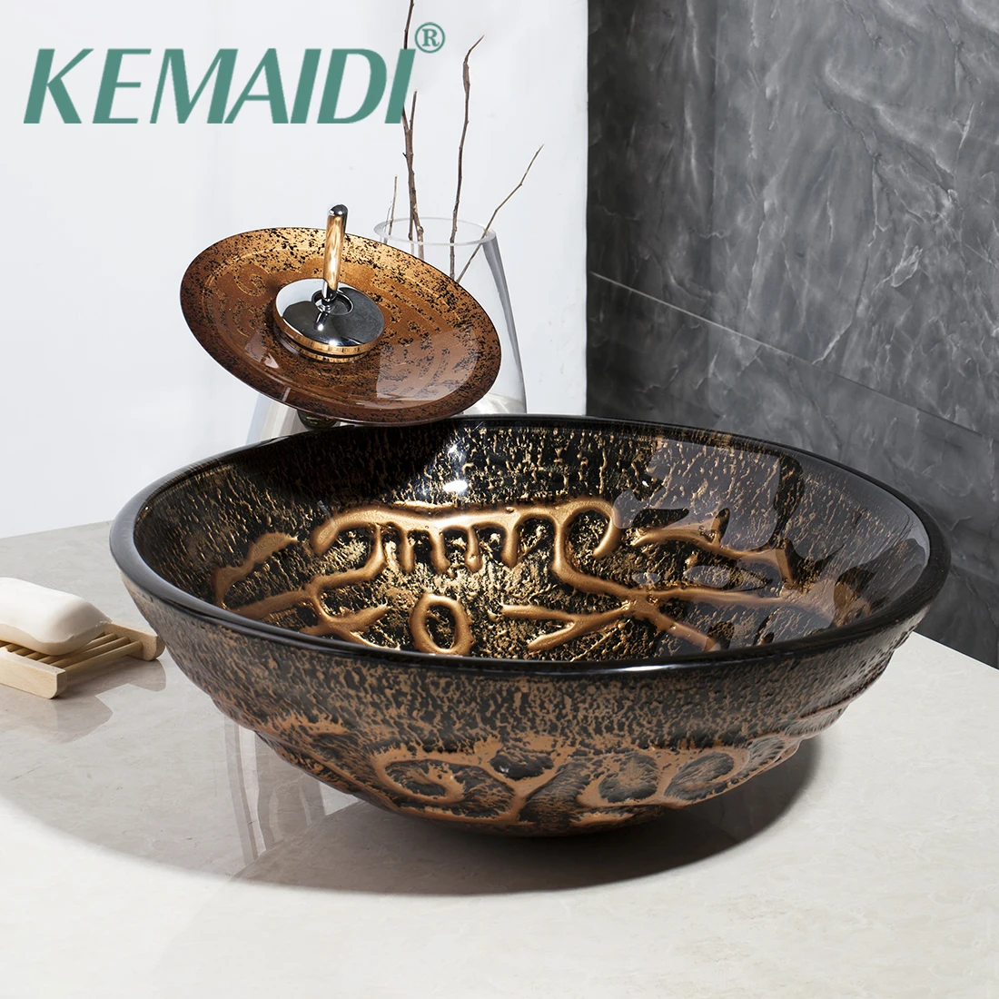 

KEMAIDI Bathroom Sink Glass Hand-Paint Lavatory Sink Combine Set Wash Basin Sink Tap Polished Chrome Waterfall Mixer Tap Faucet