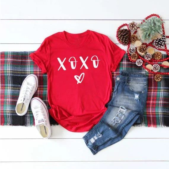 XOXO Heart Red Clothing T-Shirt Stylish Hipster Valentines Shirt Slogan Short Sleeve girlfriend Gift aesthetic Tops | Женская одежда