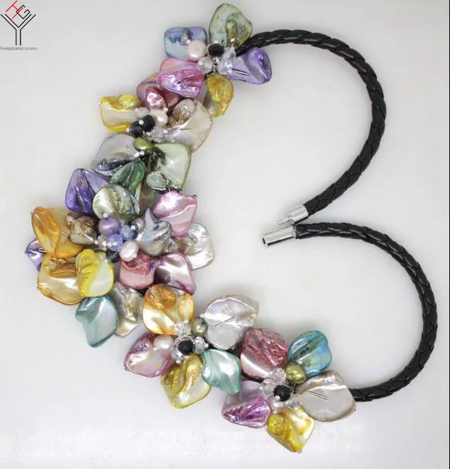 Women Classic Jewelry natural pearl Crystal mixed 5 flower pendant Multicolor shell mother of pearl necklace black leather 18"
Women Classic Jewelry natural pearl Crystal mixed 5 flower pendant Multicolor shell mother of pearl necklace black leather 18"
