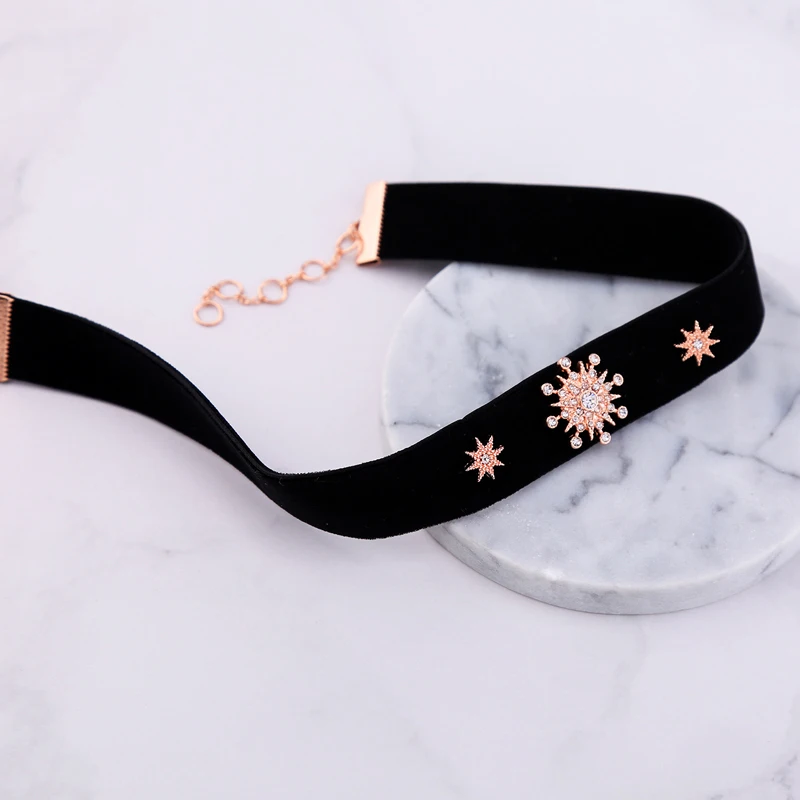 Корейская мода черное бархатное ожерелье Bijoux розовое золото цвет кристалл