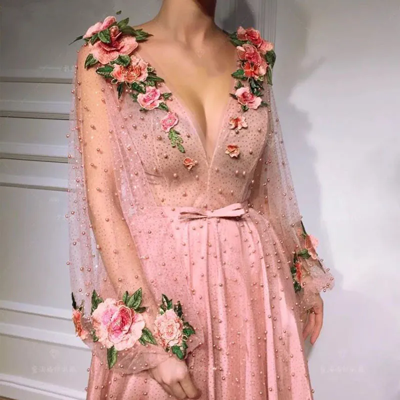 Muslim Evening Dresses Deep V-neck A-line Long Sleeves Tulle Pearls Flowers Dubai Saudi Arabic Long Formal Evening Gown
Muslim Evening Dresses Deep V-neck A-line Long Sleeves Tulle Pearls Flowers Dubai Saudi Arabic Long Formal Evening Gown