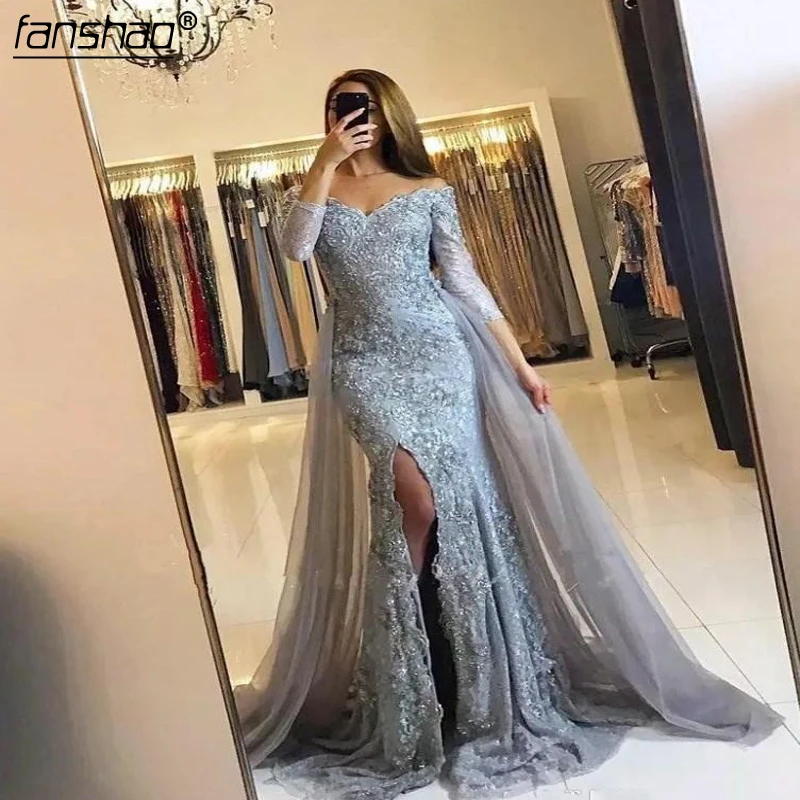 Gray Muslim Evening Dresses Mermaid Off the Shoulder 3/4 Sleeves Lace Beaded Slit Islamic Dubai Kaftan Saudi Arabic Evening Gown
Gray Muslim Evening Dresses Mermaid Off the Shoulder 3/4 Sleeves Lace Beaded Slit Islamic Dubai Kaftan Saudi Arabic Evening Gown