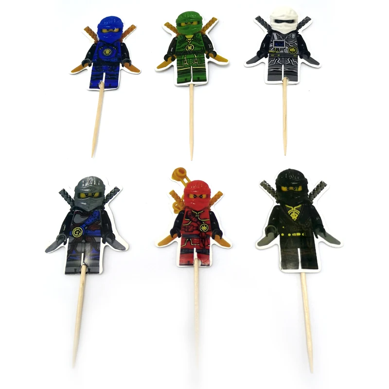 24PCS Boys Favors Decorate Birthday Party Cupcake Toppers with Sticks Ninjago Theme Cake Topper Happy Baby Shower Event Supplies