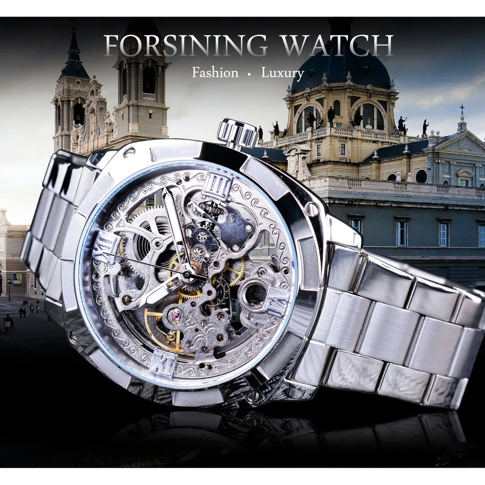 Forsining Watch + Band Set Combination Mechanical Wrist Fashion Silver Men Automatic Watches Luminous Hand Waterproof Male Clock | Наручные