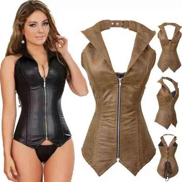 Black Sexy Faux Leather Corsets And Bustiers Steel Boned Corset Steampunk Corselet Overbust Halter-neck Gothic Corpete With Zip
Black Sexy Faux Leather Corsets And Bustiers Steel Boned Corset Steampunk Corselet Overbust Halter-neck Gothic Corpete With Zip