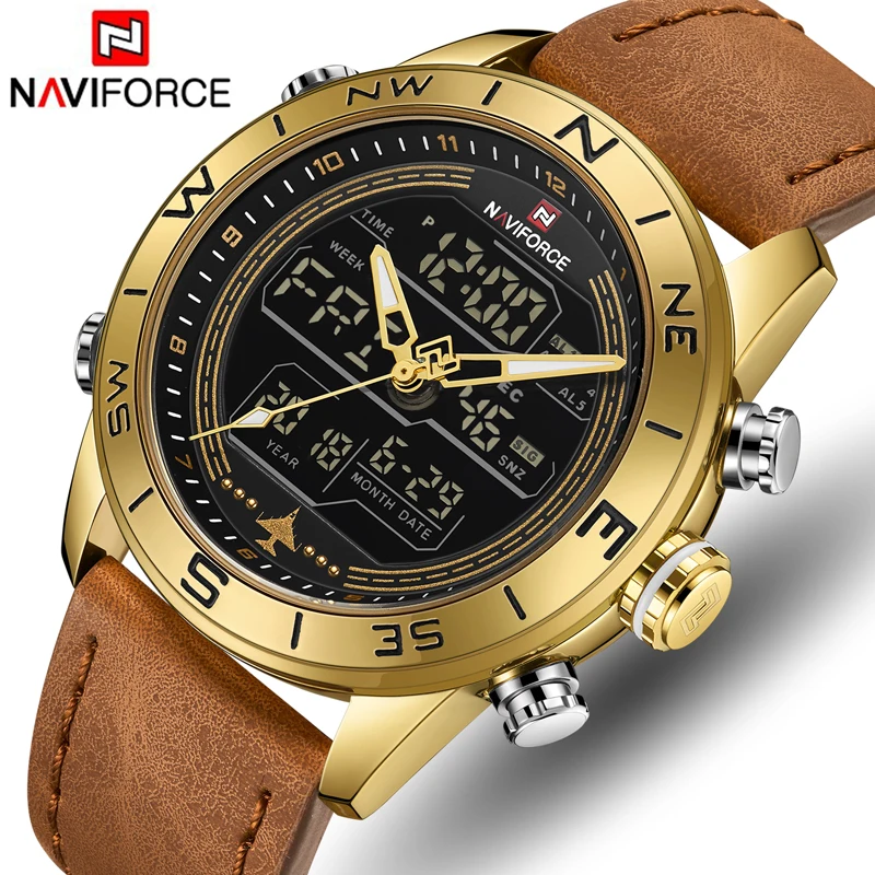 

Часы NAVIFORCE мужские с двойным дисплеем, роскошные деловые часы, модные аналоговые цифровые наручные часы, водонепроницаемые часы из кожи