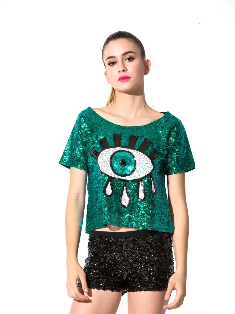 

Women's Eyes Sequins T-Shirts Beading Tees O-Neck Cotton Blended Short Sleeved Sequined embroidery Casual Tops 2019 Summer