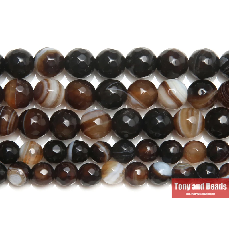 

15" Strand Natural Stone Faceted Brown Stripe Agate Round Beads 4 6 8 10 12MM Pick Size For Jewelry Making DIY