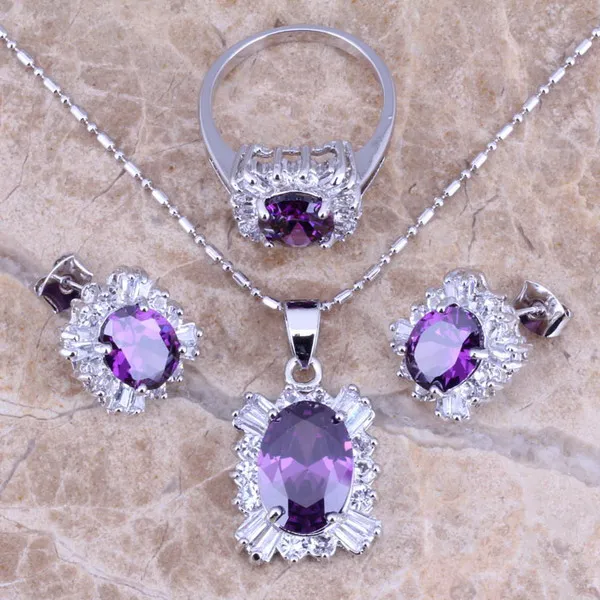 Purple Cubic Zirconia White CZ Silver Plated Jewelry Sets Earrings Pendant Ring Size 6 / 7 / 8 / 9 / 10 S0082
Purple Cubic Zirconia White CZ Silver Plated Jewelry Sets Earrings Pendant Ring Size 6 / 7 / 8 / 9 / 10 S0082