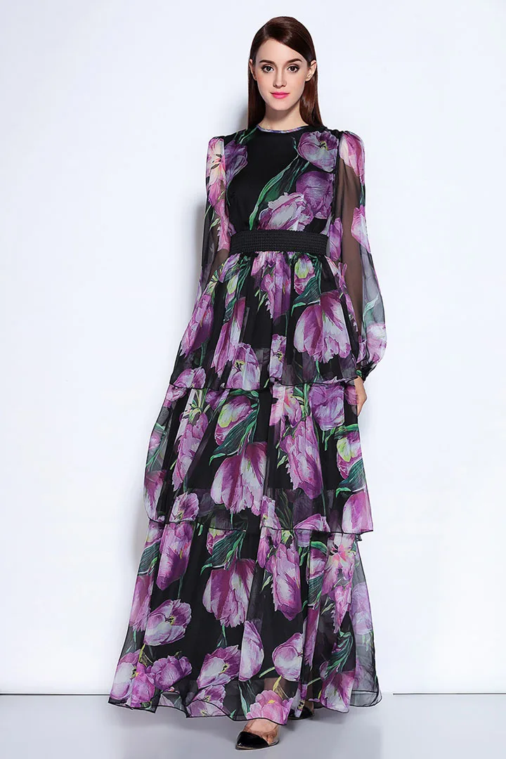 Lady Milan Women's Runway Dresses O Neck Long Sleeves Floral Printed Tiered Ruffles Fashion Maxi Autumn Dresses