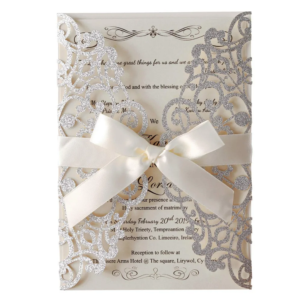 50pcs Slivery Glitter Laser Cut Wedding Invitations with Pearlescent Ivory inserts Beige Bow Invites Cards for Party Supplies
50pcs Slivery Glitter Laser Cut Wedding Invitations with Pearlescent Ivory inserts Beige Bow Invites Cards for Party Supplies