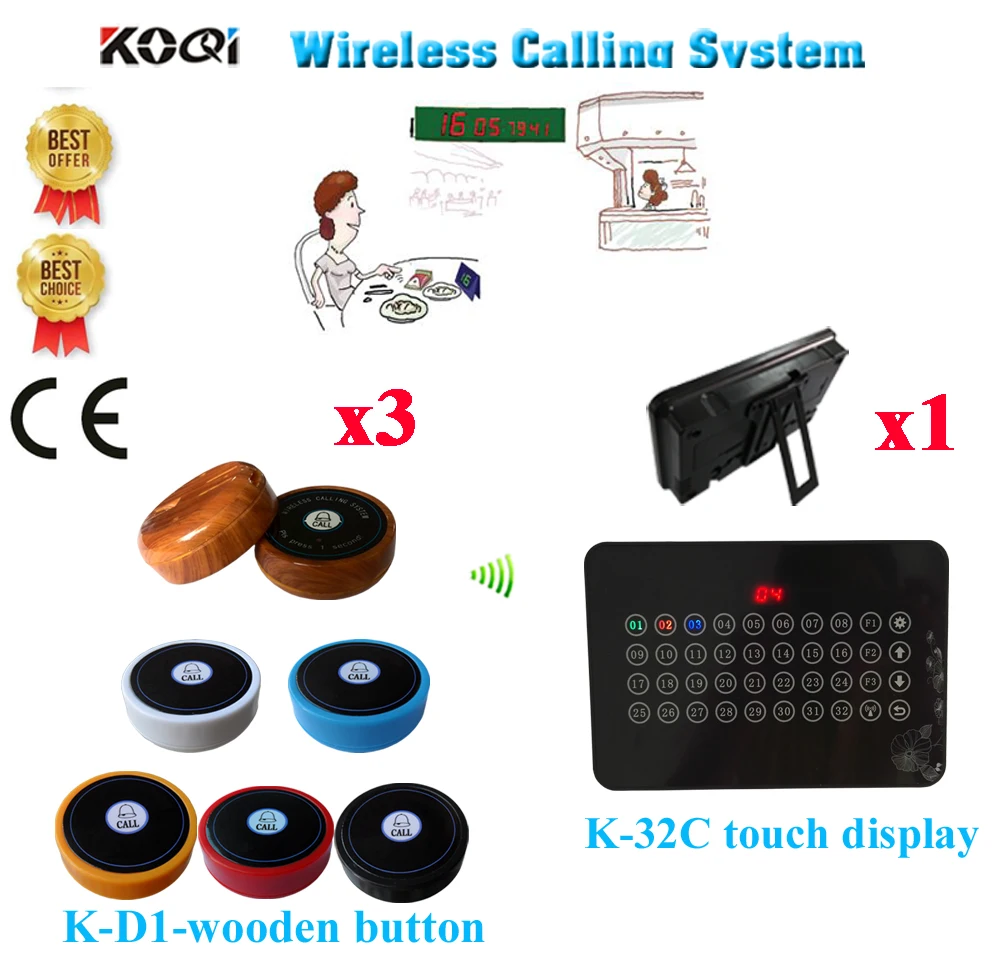 

Wireless Service Calling System 433.92MHz Table Calling Touch Display Receiver Guest Restaurant Pager(1 display+3 call button)