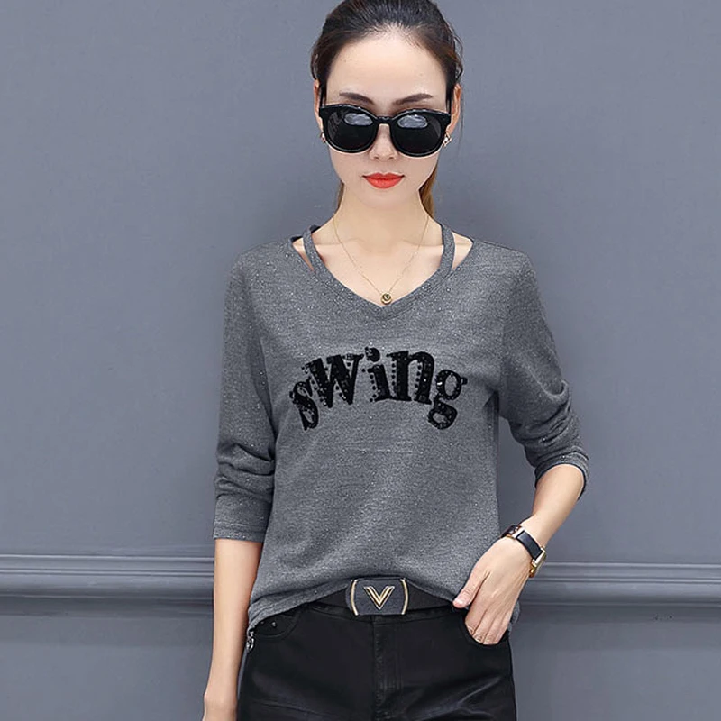 Letter long sleeve t shirt women t-shirts Diamonds t-shirt women tops camisetas mujer tshirt 2019 korean V-neck tee shirt femme
Letter long sleeve t shirt women t-shirts Diamonds t-shirt women tops camisetas mujer tshirt 2019 korean V-neck tee shirt femme