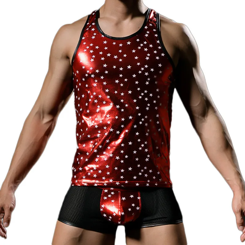 Men Summer Tank Top Shiny Leather Male Gold Blocking Stars Print Tops Muscle Cut Male Tank Vest and Pants Set Clubwear Tank Top
Men Summer Tank Top Shiny Leather Male Gold Blocking Stars Print Tops Muscle Cut Male Tank Vest and Pants Set Clubwear Tank Top