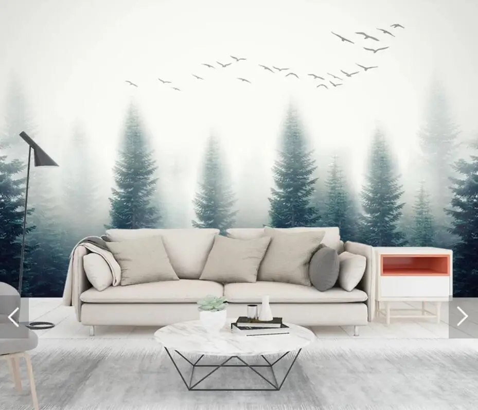 

3d Photo Wallpaper Nature Misty Pine Forests Wall Mural Nordic Foggy Forest Wallpapers Roll for Bedroom Scenery Birds Murals