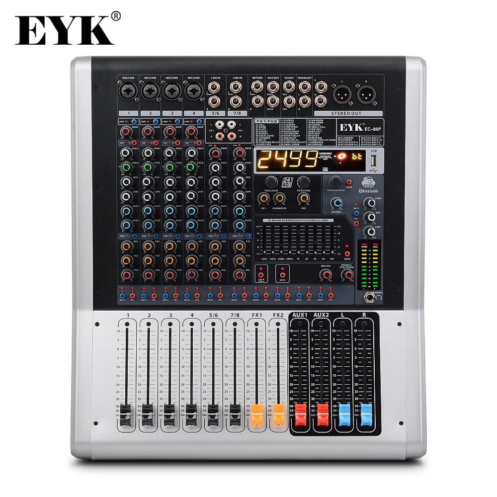 EYK EC80P 8-канальный 4 моно 2 стерео усилитель мощности аудио микшера 2x550 Вт 99DSP эффекты USB Bluetooth-совместимая сценическая DJ консоль
EYK EC80P 8-канальный 4 моно 2 стерео усилитель мощности аудио микшера 2x550 Вт 99DSP эффекты USB Bluetooth-совместимая сценическая DJ консоль