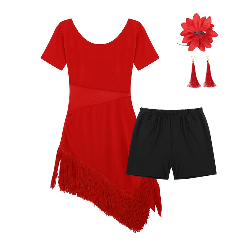 Teen Girls Dance Dress Mesh Splice Irregular Tassels Hem for Latin Ballroom Rumba Tango Performances Competition Costume | Детская